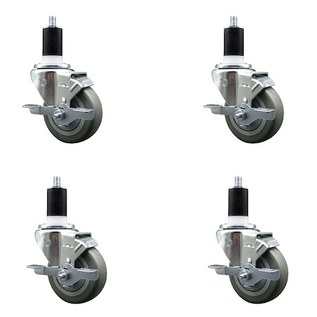 Service Caster 3.5'' SS Gray Poly Swivel 1-1/2'' Expanding Stem Caster Set with Brake, 4PK SCC-SSEX20S3514-PPUB-TLB-112-4